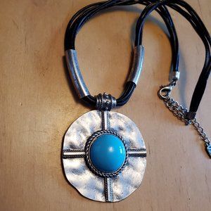 16" Black Leather Silver Tone Necklace Circle Teal